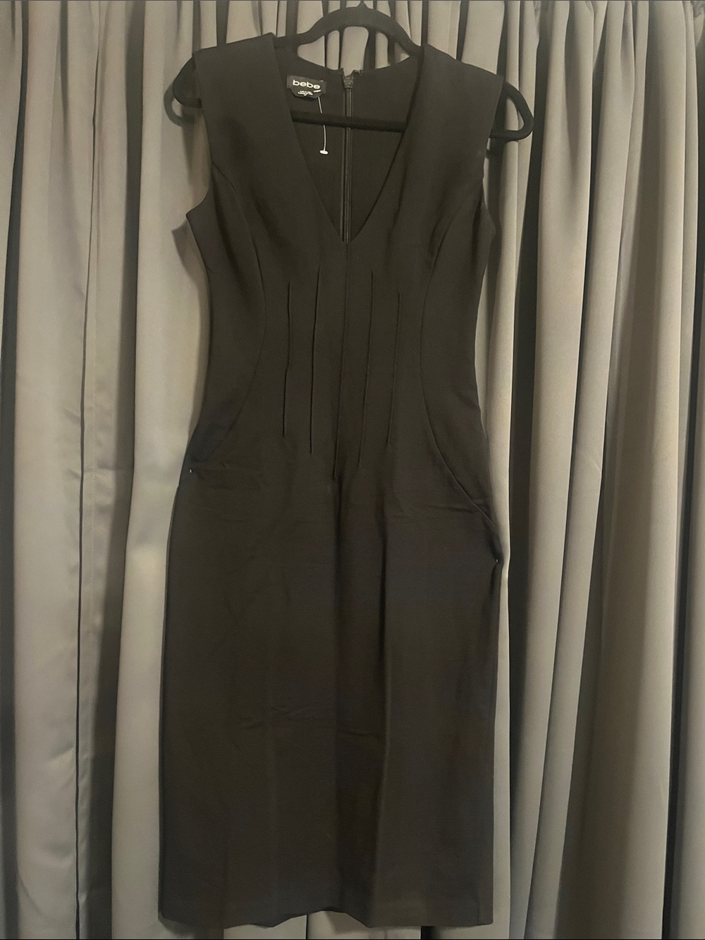 bebe Black V-Neck Midi Sheath Dress